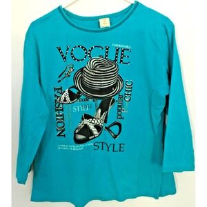 Jess & Jane Shirt Womens Large Teal Long Sleeve Rhinestone Vogue Graphic‎ USA